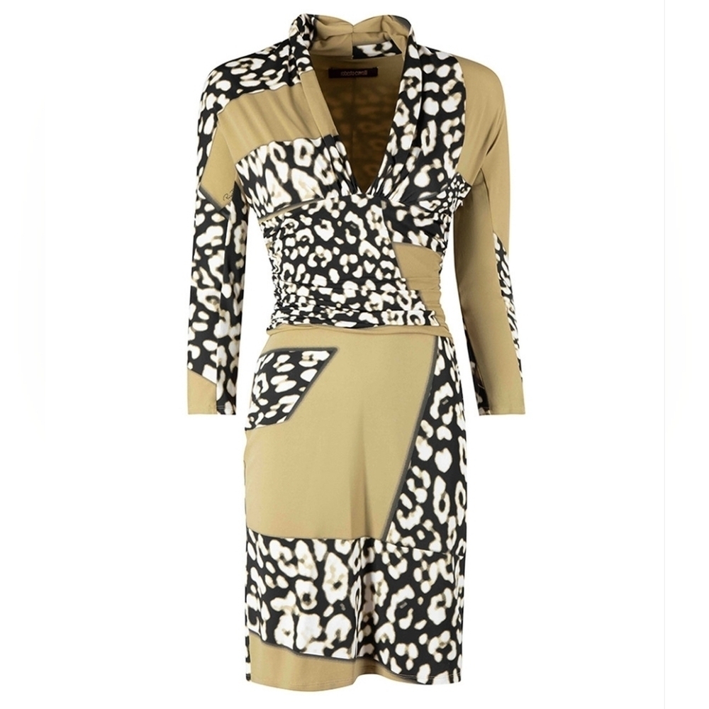 Roberto Cavalli Green Black Multi Animal Print 3/4 Sleeve Deep V Mini Dress 40,4